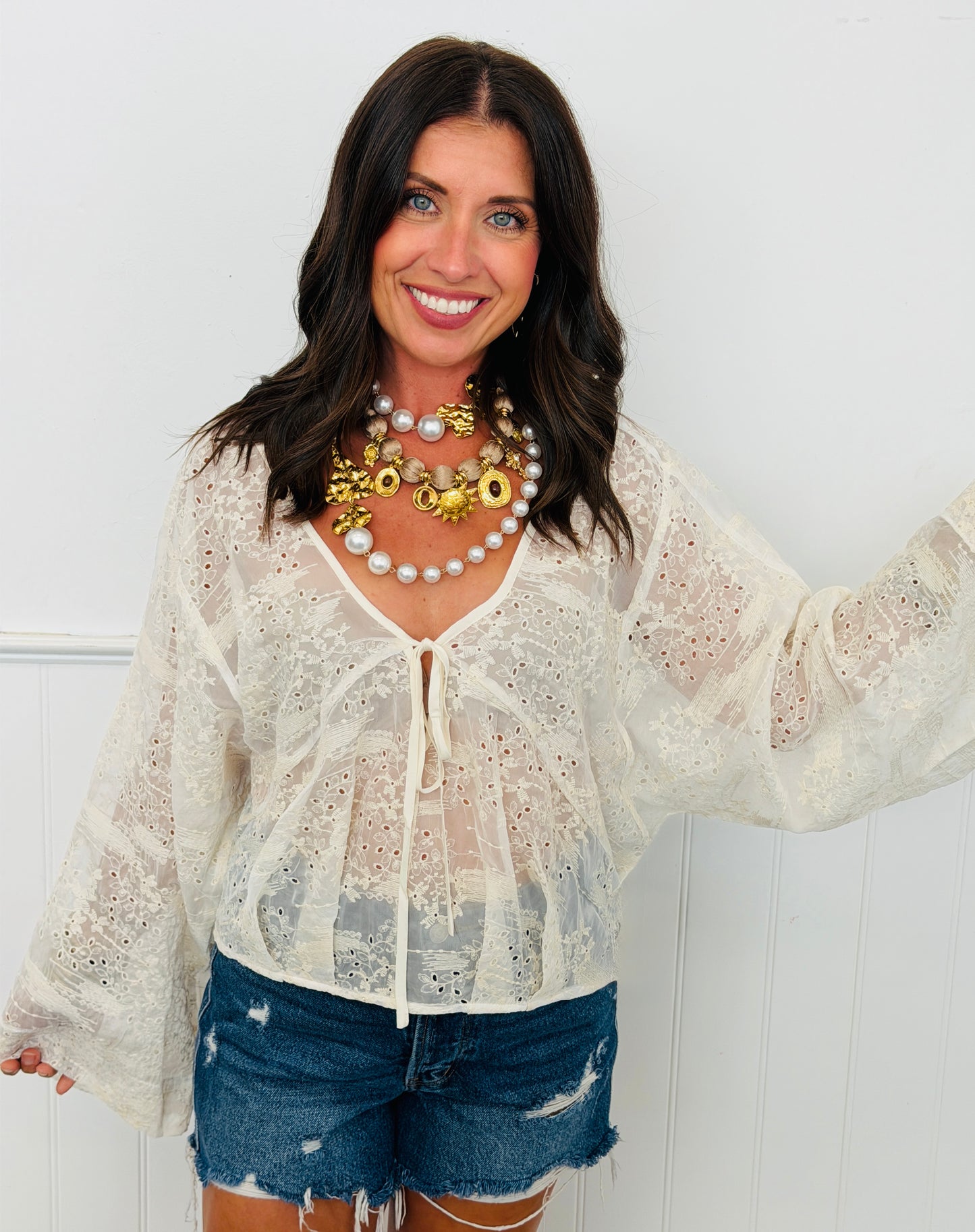 Ivory Eyelet Embroidered V-Neck Top (Reg. and Plus)