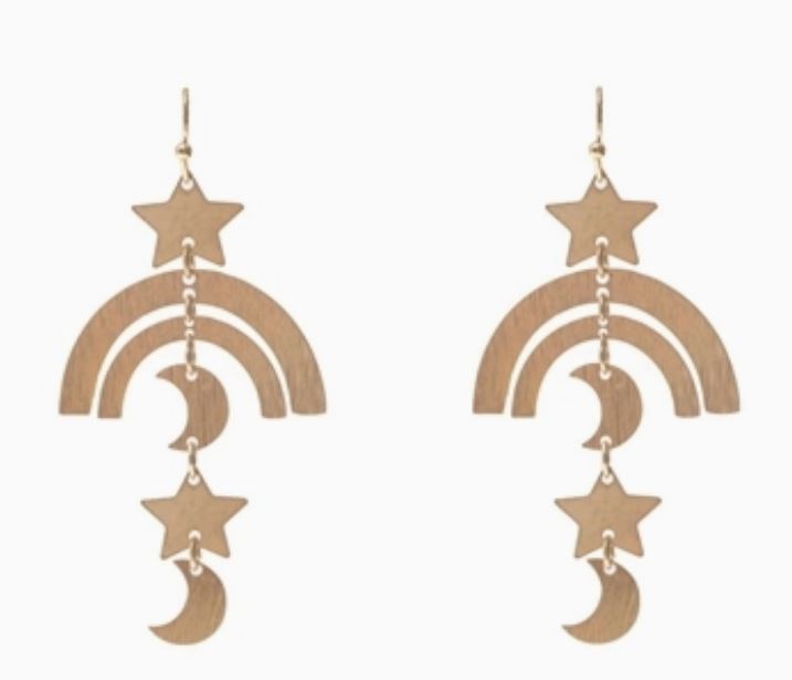 Worn Gold Moon & Star Drop Earrings