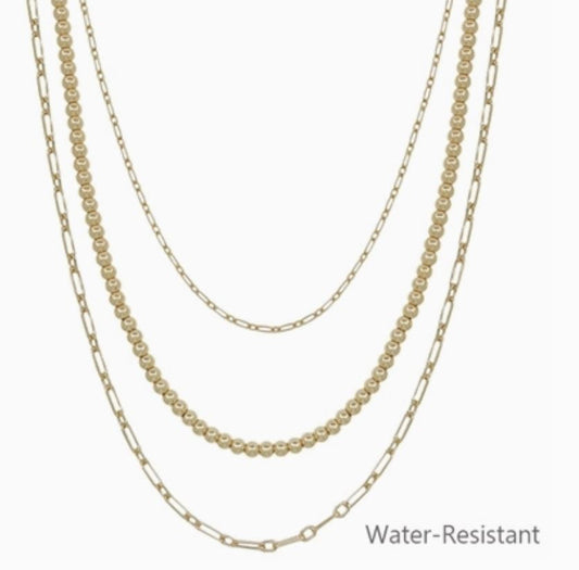 WP-Gold Triple Chain Beaded Necklace