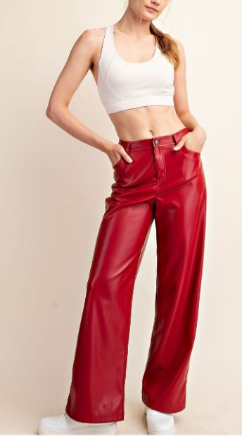 Red Faux Leather Straight Leg Pants (Reg & Plus)