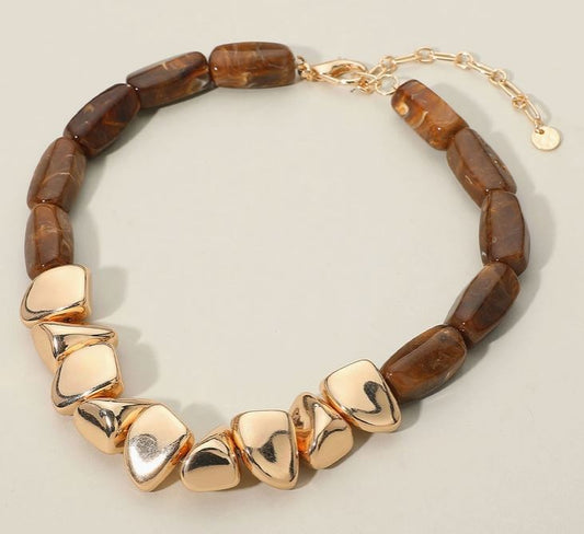 Chunky Brown & Gold Pebble Necklace