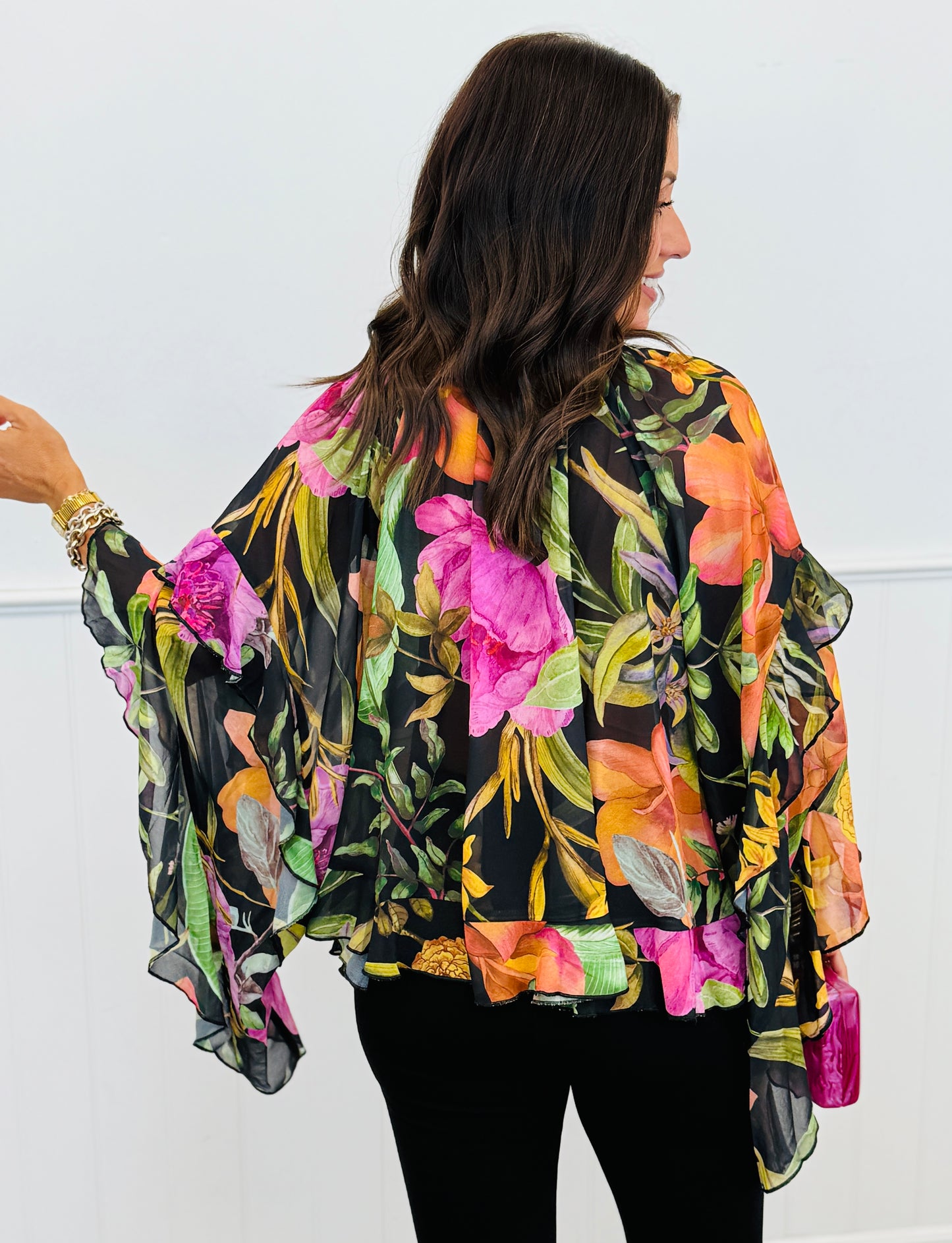 Black Multi Floral Ruffle Sleeves Blouse (Reg. and Plus)