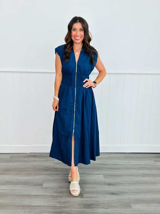 Navy V-Neck Smocked Waist Sleeveless Midi Dress (Reg.)