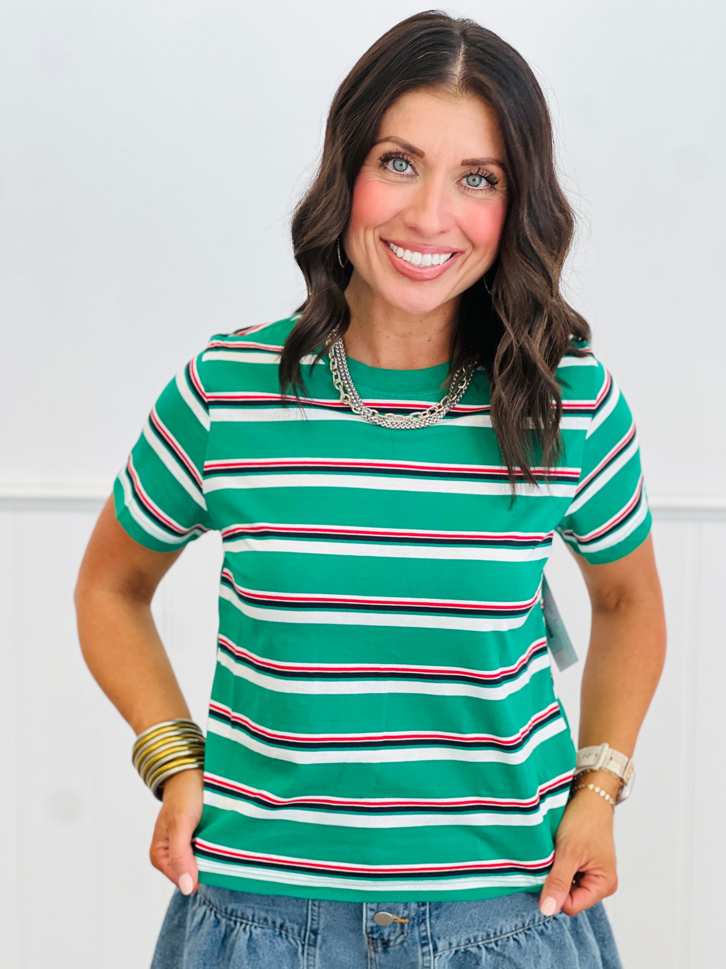 Short Sleeve Multi Stripe Knit Top (Reg.)-2 Colors