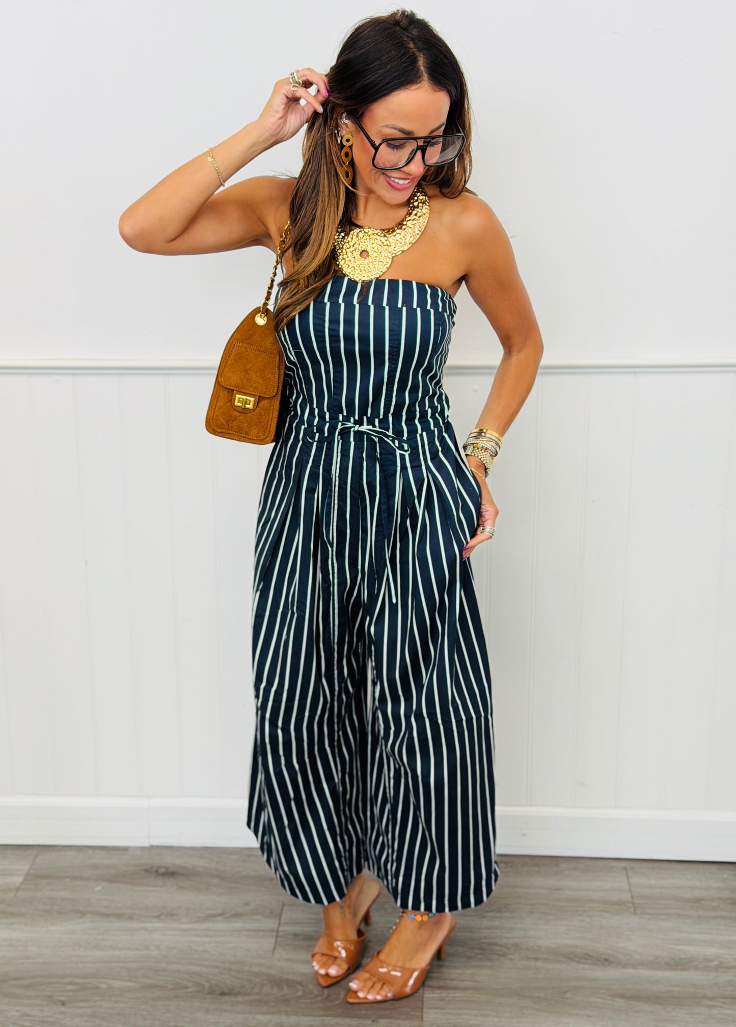 Navy Strapless Stripe Wide Leg Jumpsuit (Reg.)