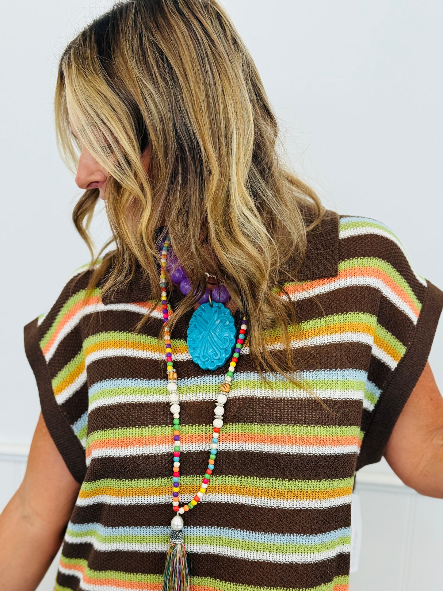 Brown Multi Stripe Knit Polo Midi Dress (Reg & Plus)