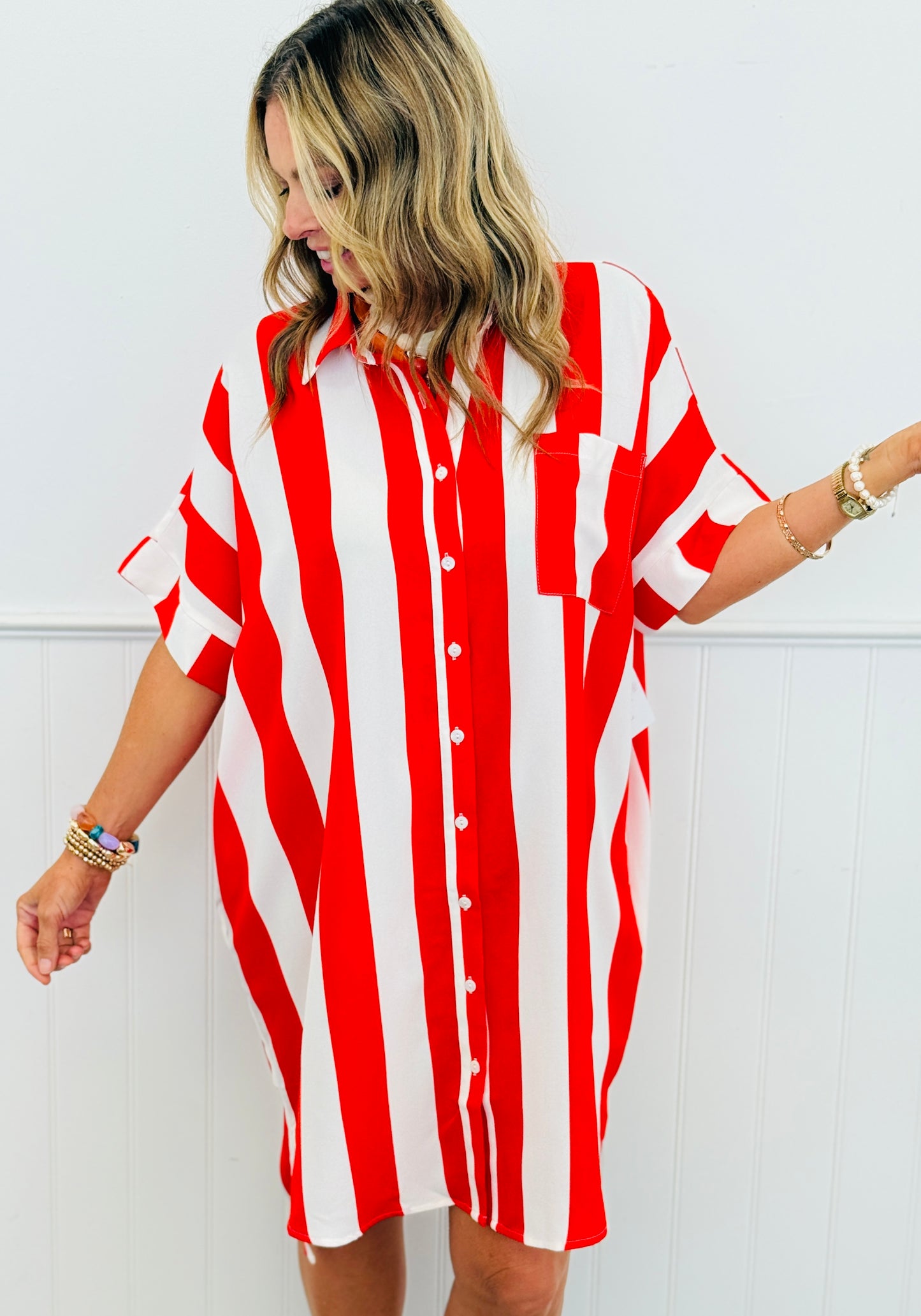 Tomato & White Vertical Stripe Shirt Dress (Reg. & Plus)