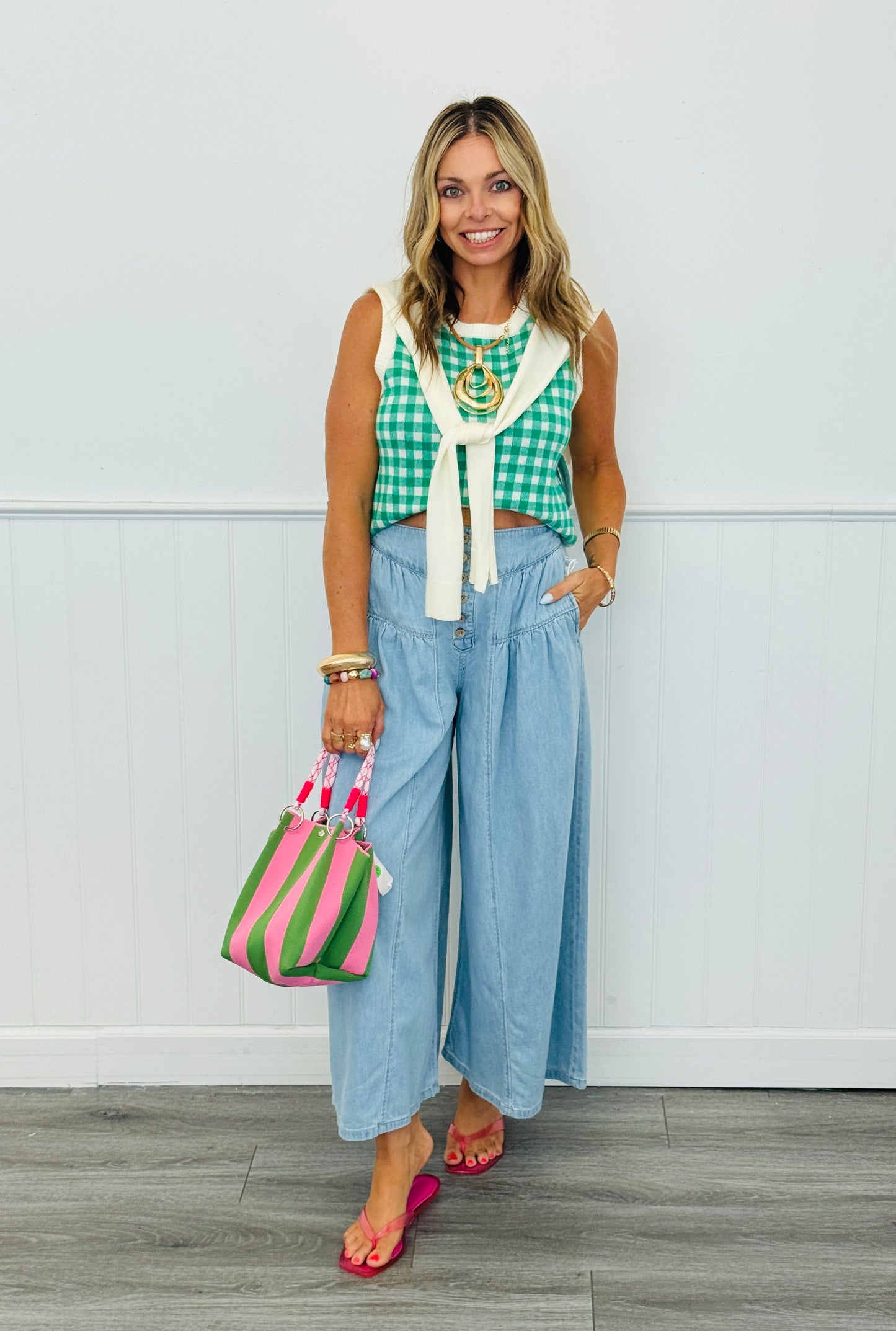 Green Gingham Faux Sweater Sleeveless Top (Reg.)