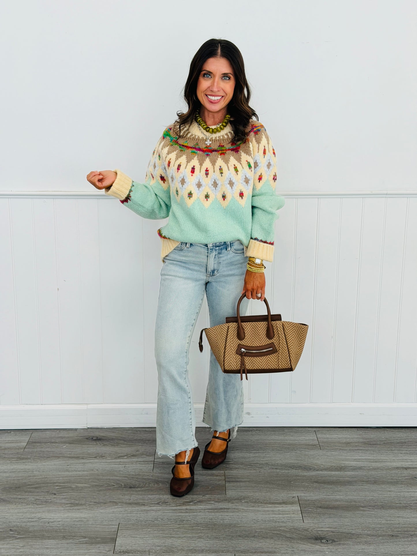 Light Blue/Cream Fair Isle Yoke Sweater Top (Reg & Plus)