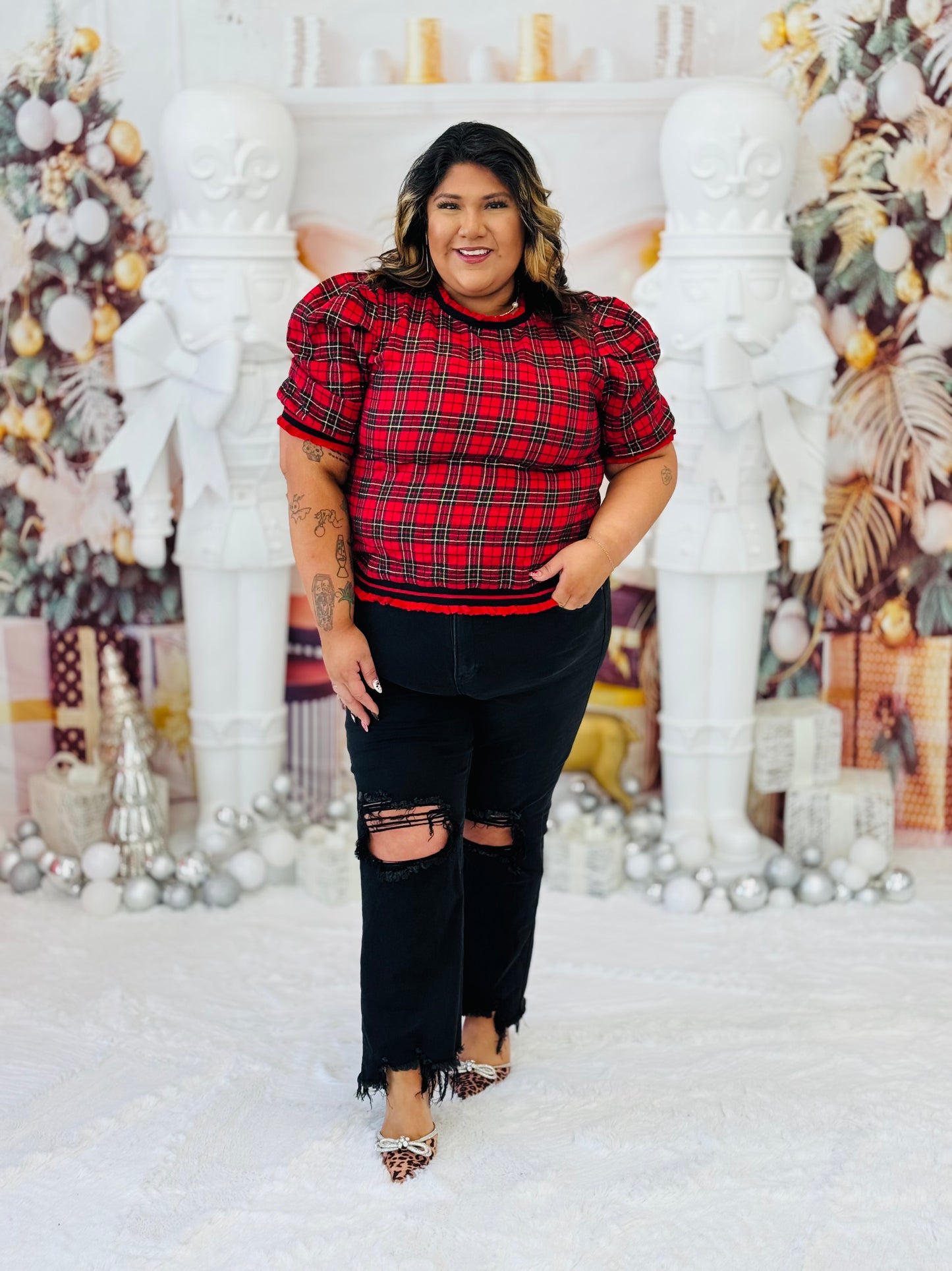 Red Plaid Ruffle Trim Top (Reg & Plus)