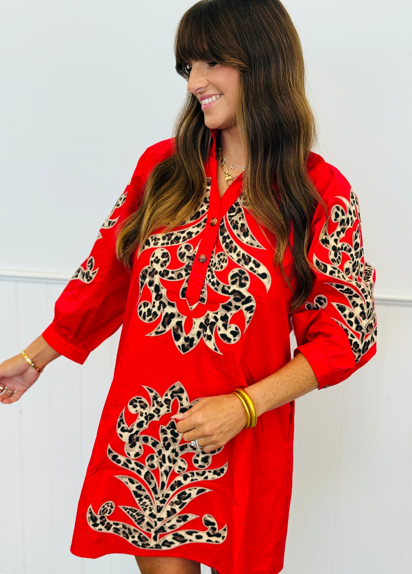 Tomato Red Baroque Leopard Applique Mini Dress (Reg.)