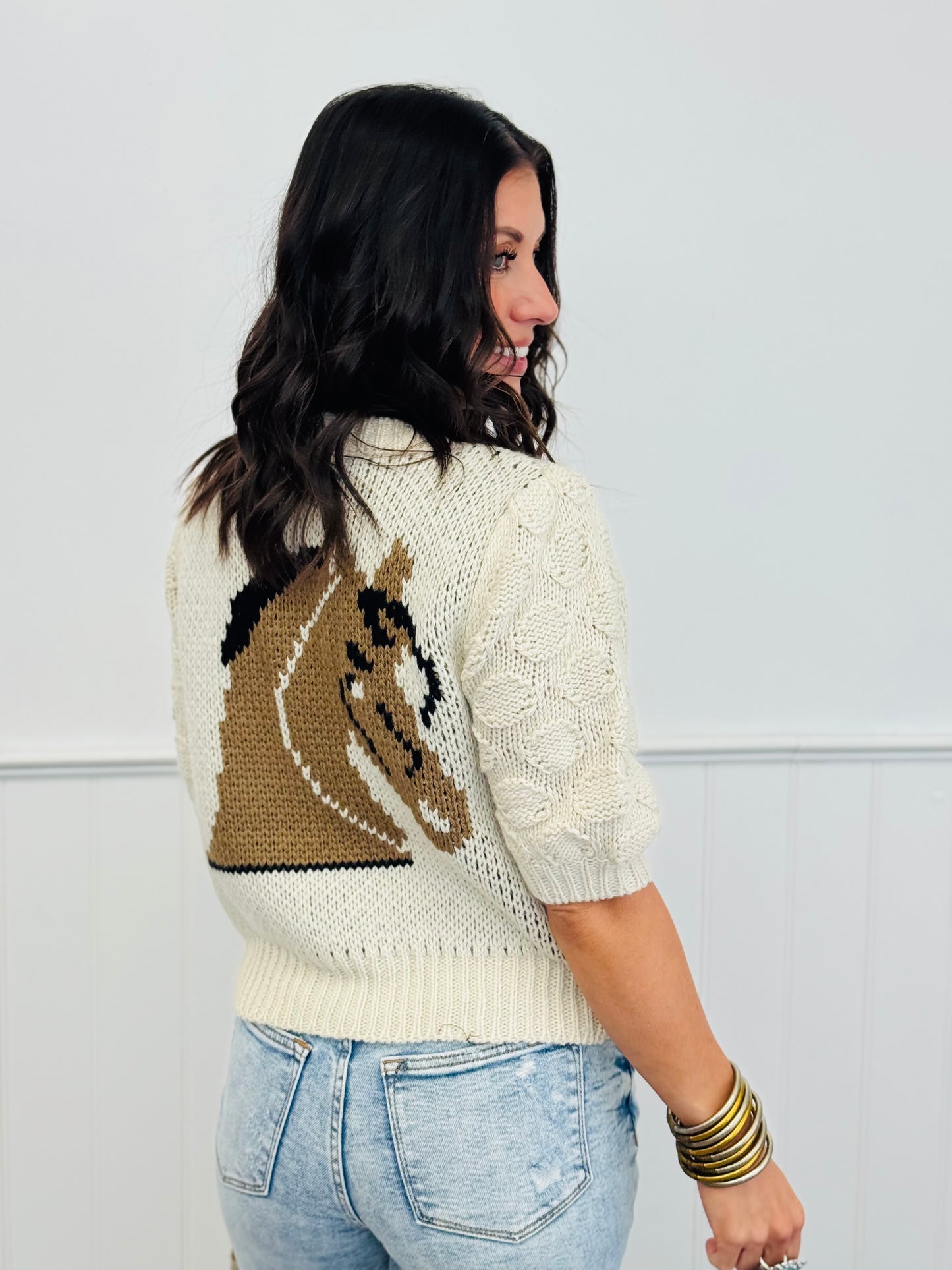 Horse Graphic Puff Sleeve Knit Cardigan (Reg.)