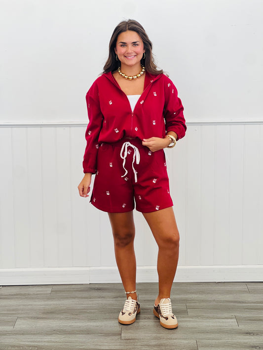 Wine Ribbon Cherries Hoodie Jacket & Shorts Set (Reg & Plus)