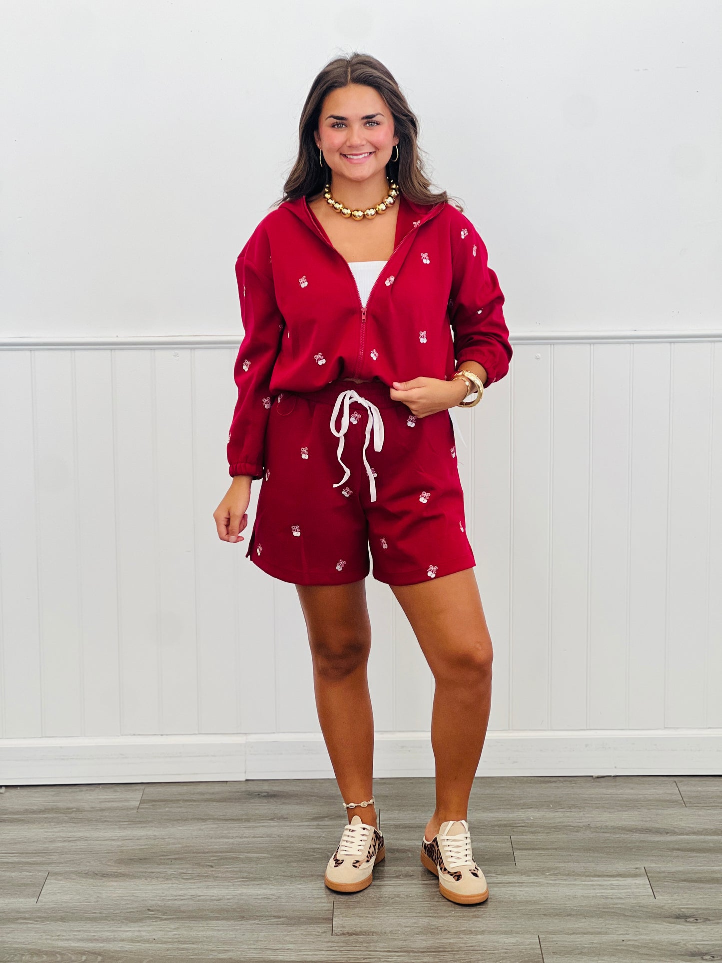 Wine Ribbon Cherries Hoodie Jacket & Shorts Set (Reg & Plus)
