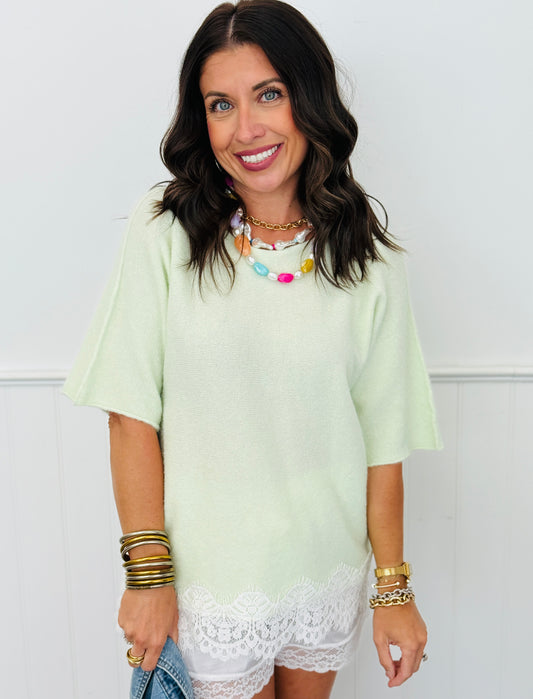Mint Lace Hem Fuzzy Sweater Top (One Size)