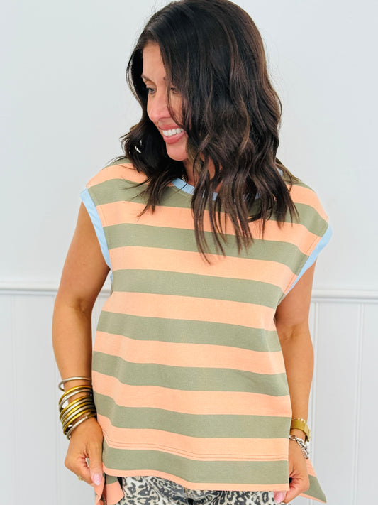 Apricot/Olive Stripe Sleeveless Top (Reg & Plus)
