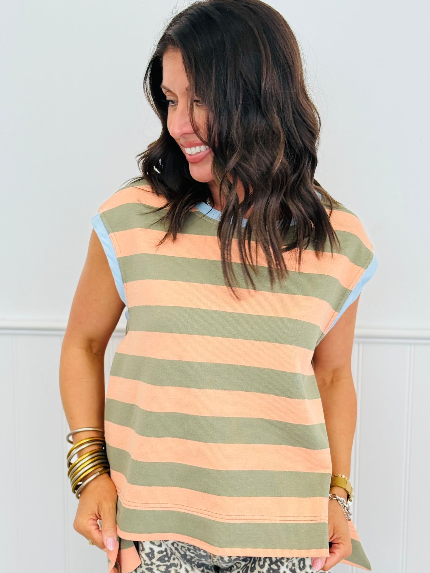 Apricot/Olive Stripe Sleeveless Top (Reg & Plus)