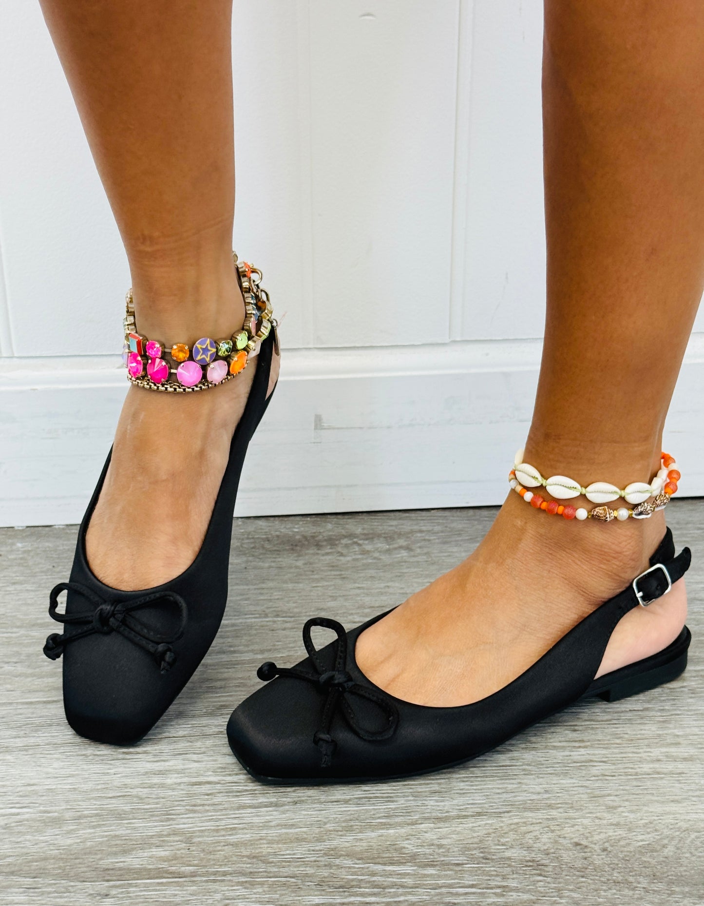 Black Satin Grace Slingback Flats