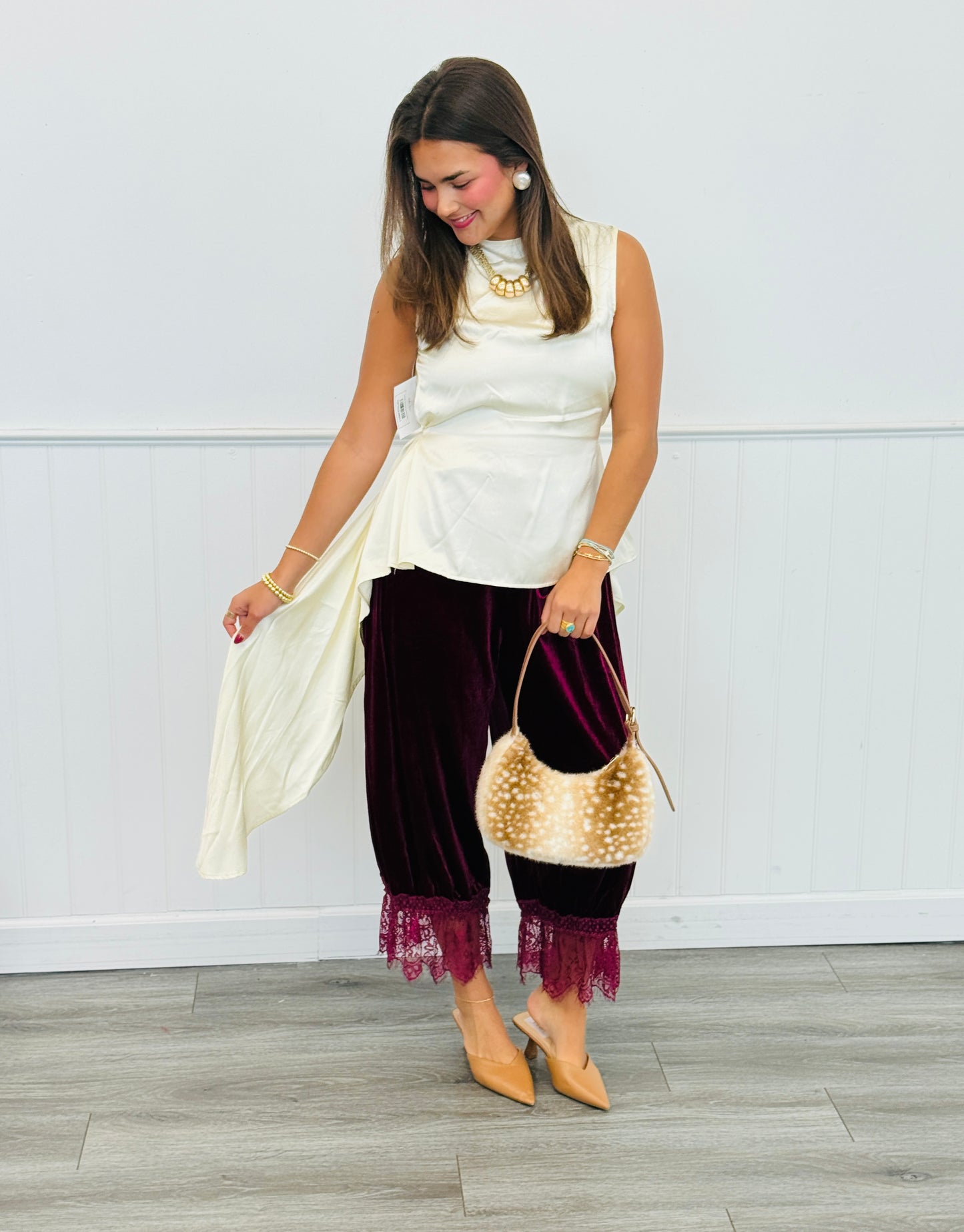 Cream Satin Draped Open Back Blouse (Reg.)