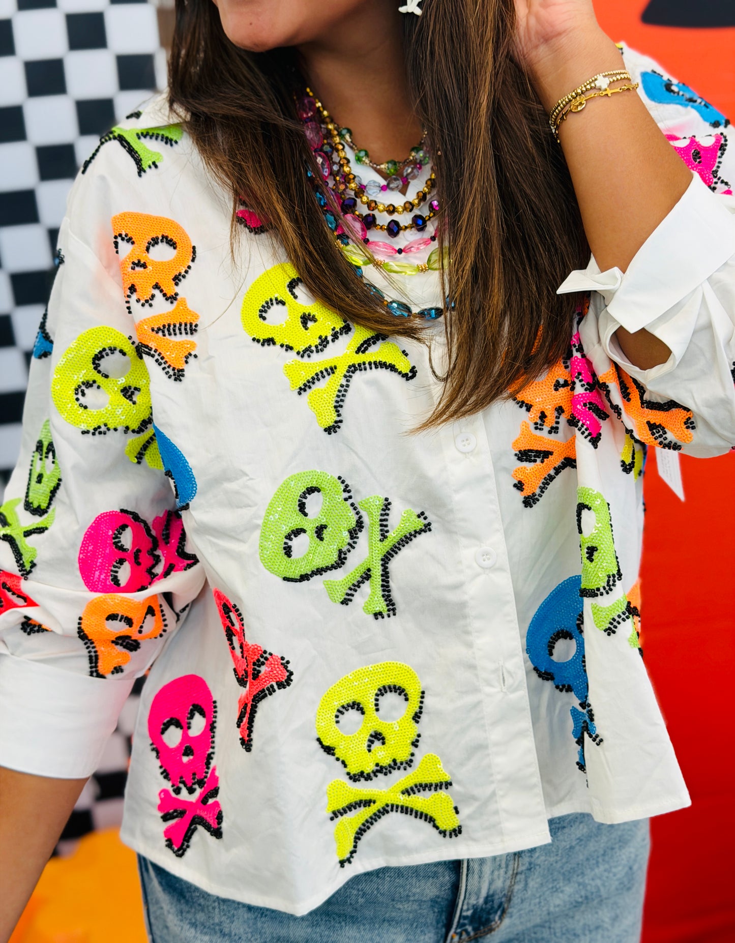 Queen Of Sparkles White Neon Multi Skull & Crossbones Top (Reg. and Plus)