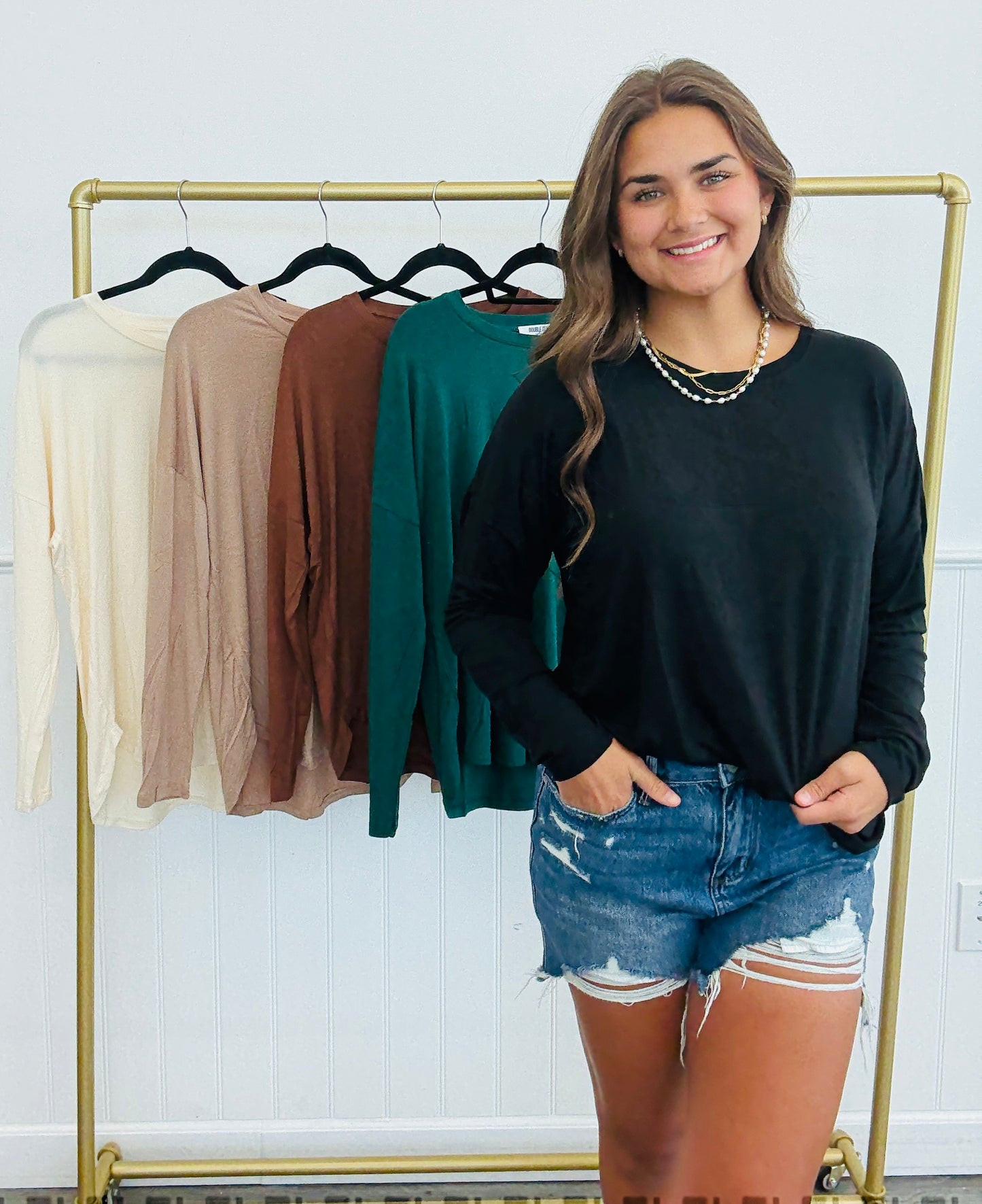 Curved Hem Long Sleeve Top (Reg.)-5 Colors