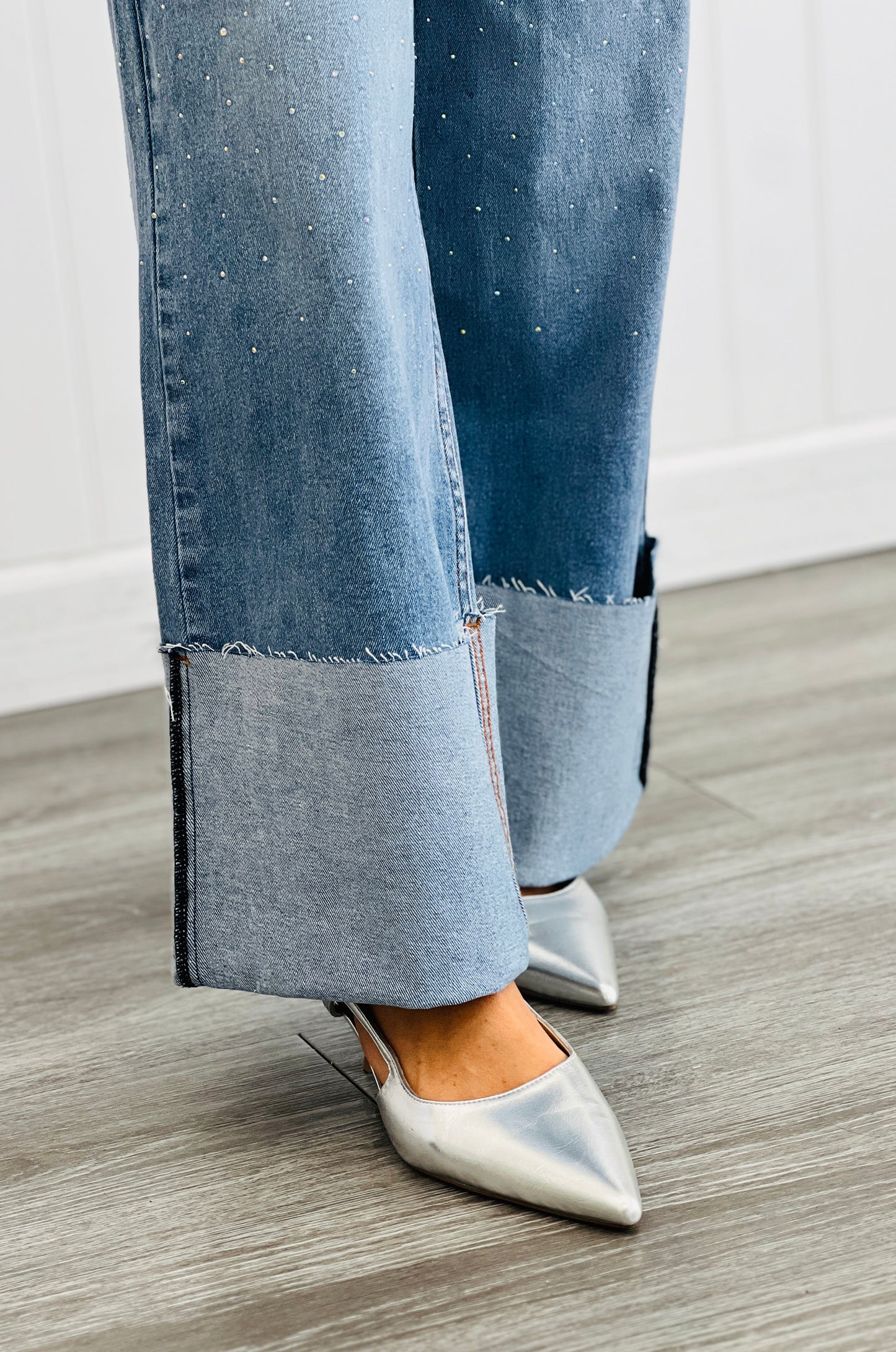 Sparkly Rhinestone Cuffed Wide Leg Jeans (Reg.)