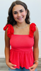 Waffle Knit Lace Ribbon Shoulder Tie Top (Reg.) - 3 Colors