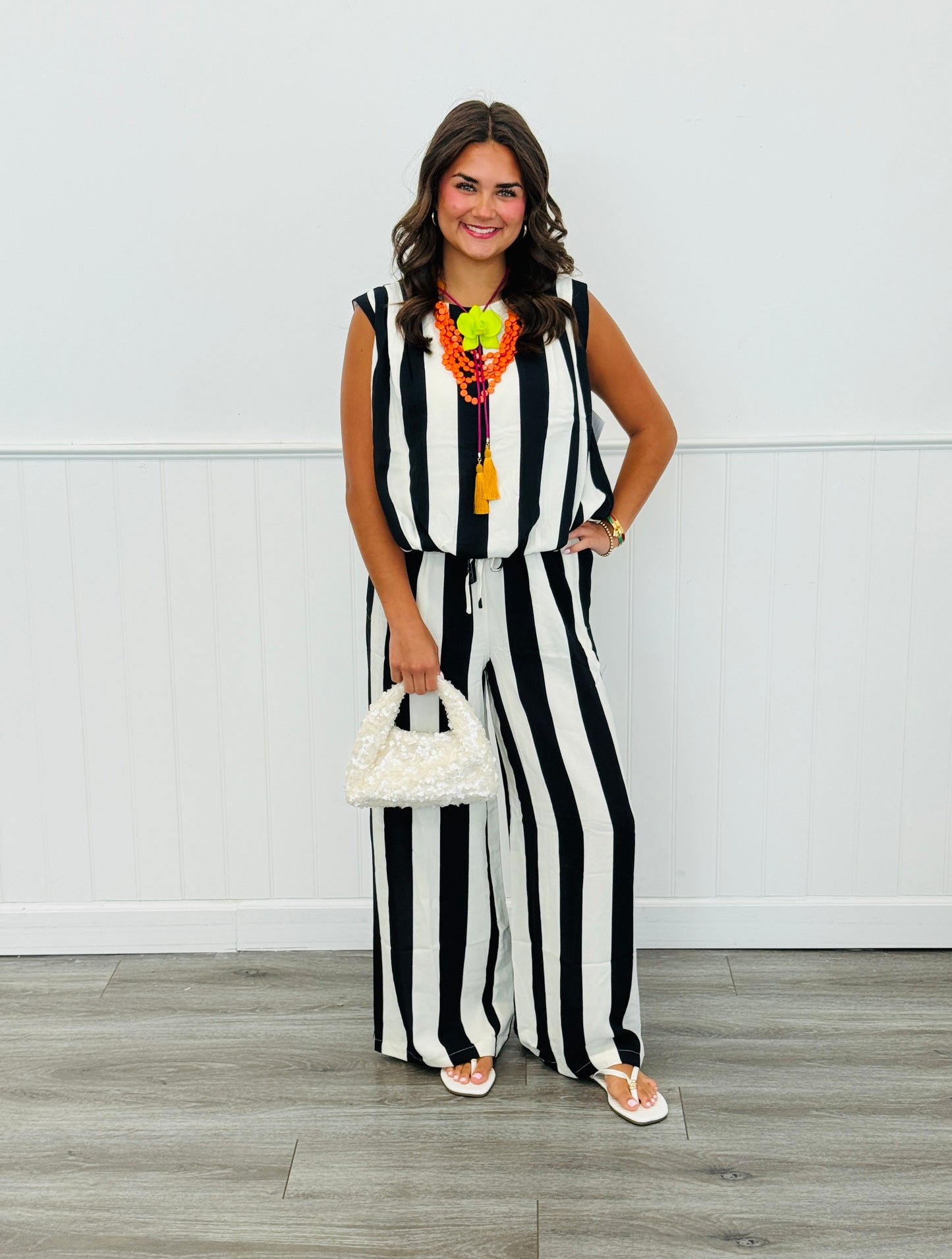 Black/Ivory Stripe Top & Pants Set (Reg & Plus)
