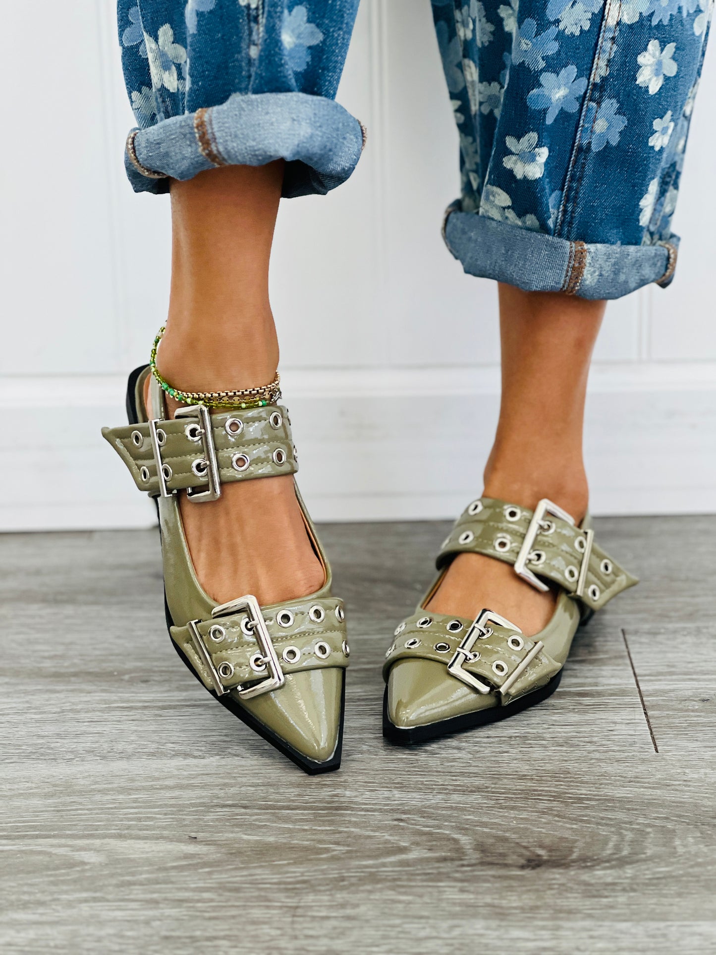 Olive Buckle It Up Slingback Flats