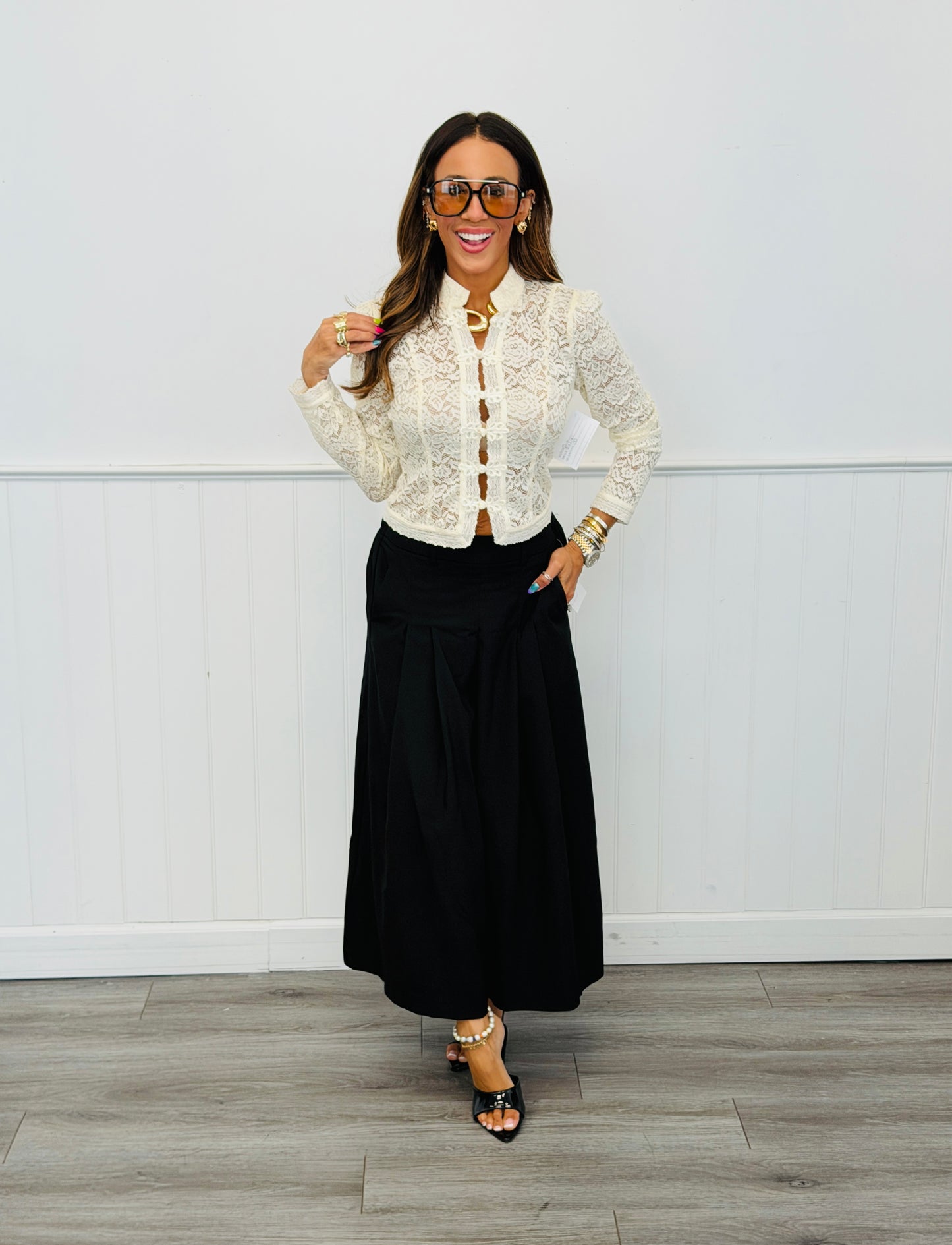 Beige Lace LS Button Up Blouse (Reg.)