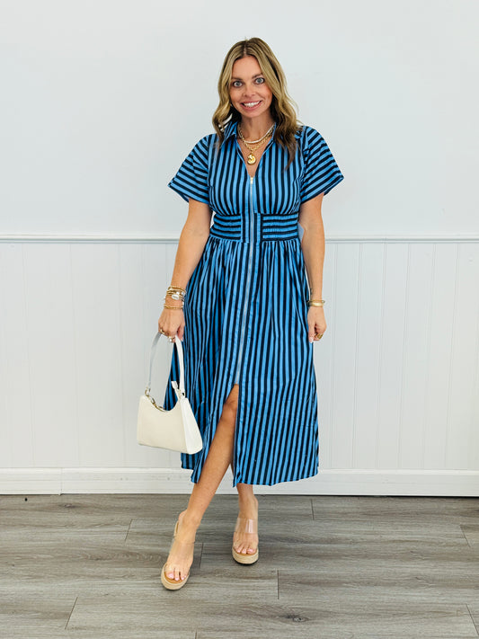 Navy Striped Zip Up Midi Dress (Reg. and Plus)
