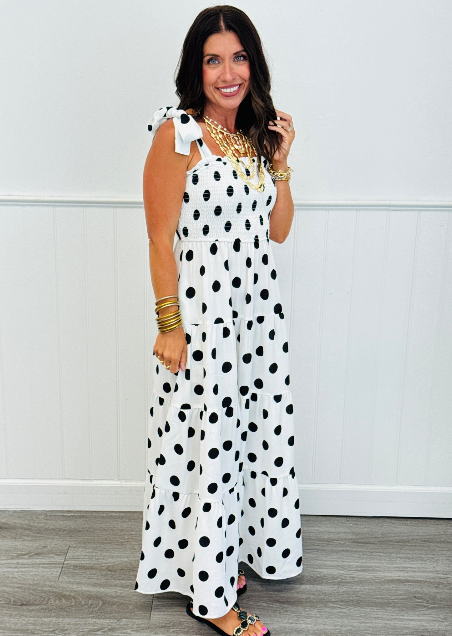 White/Black Polka Dot Tiered Maxi Dress (Reg & Plus)