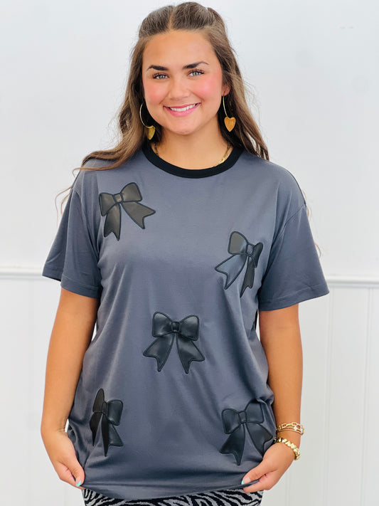 Faux Leather Bow Oversized Tee (Reg. and Plus)
