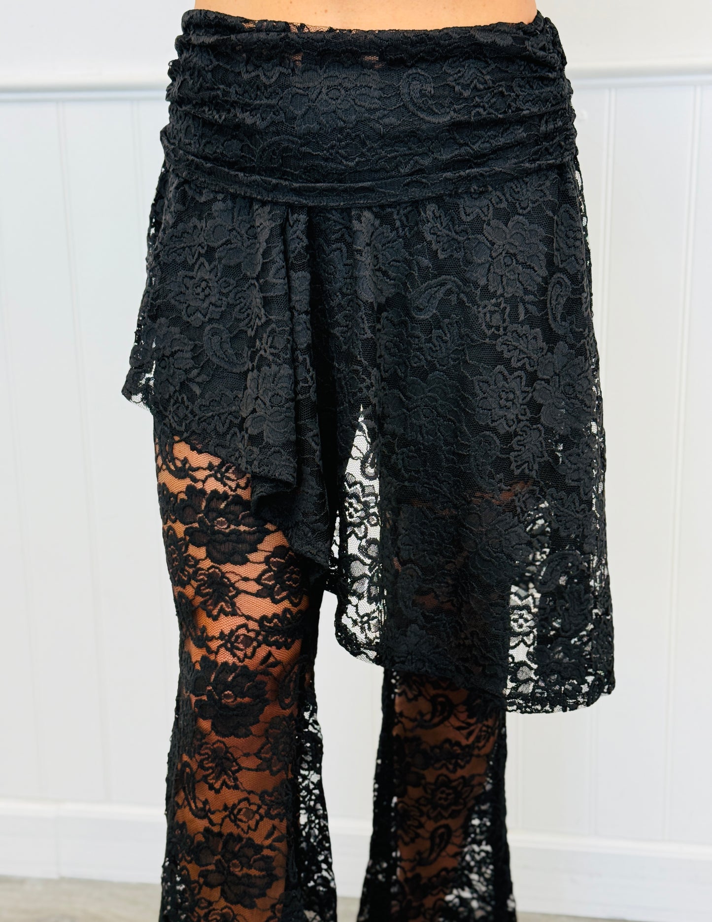 Black Lace Asymmetric Skirt Layered Over Flare Pants (Reg. & Plus)