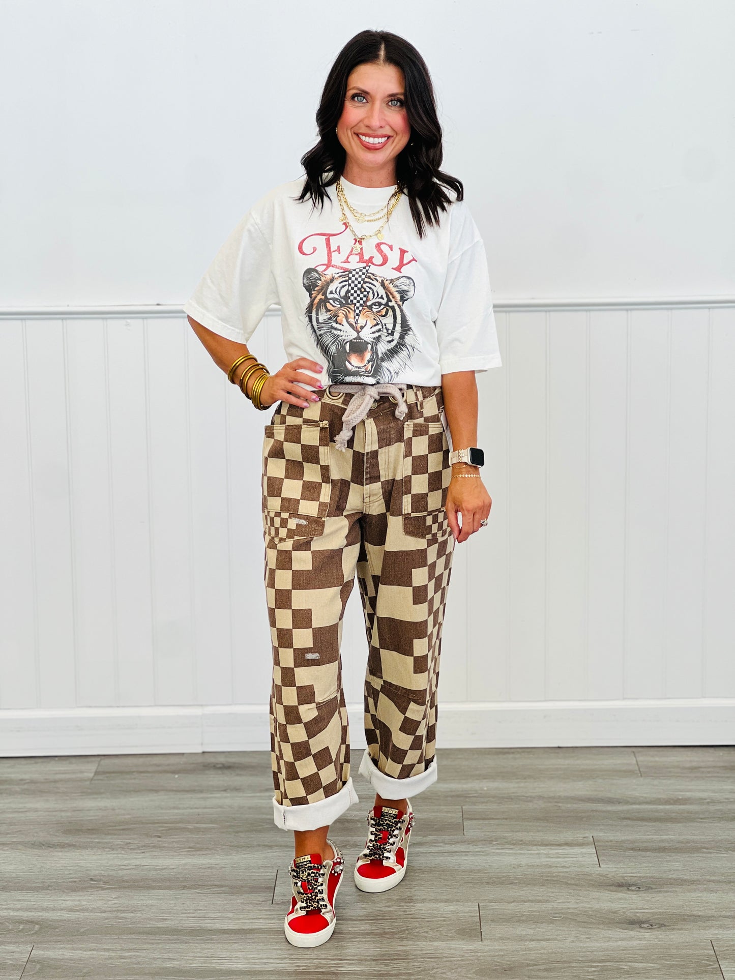 Mocha Checkered Braided Belt Pants (Reg.)