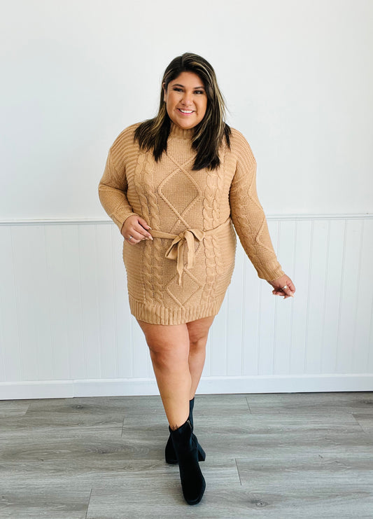 Camel Knit Belted Sweater Dress (Plus)