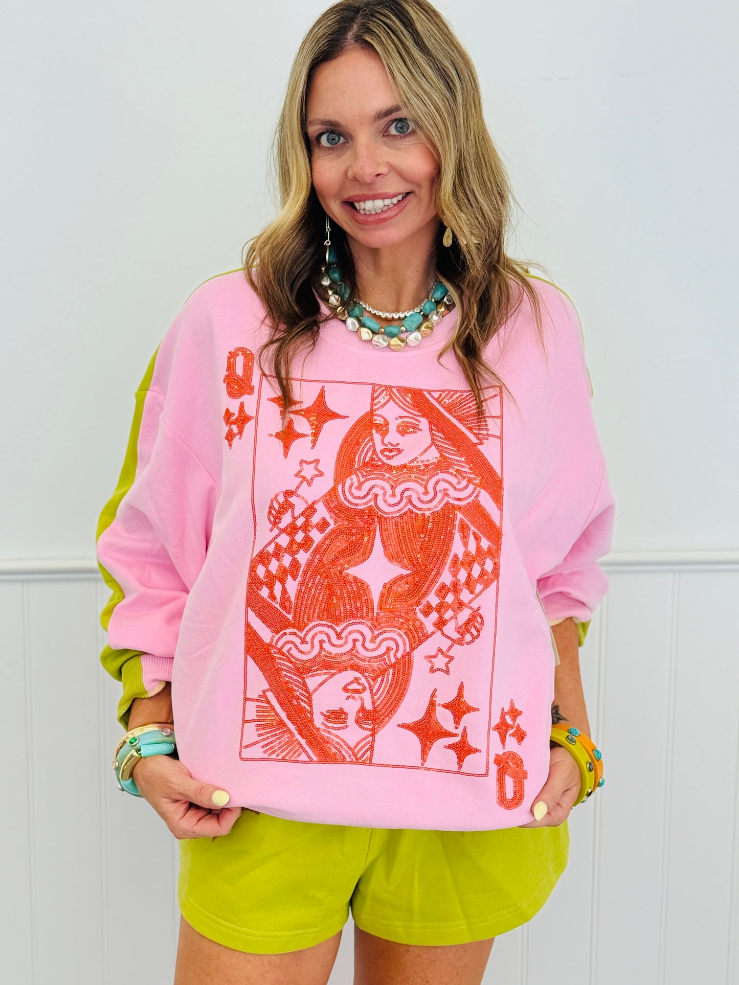 Queen Of Sparkles Pink & Green Colorblock Card Logo Sweatshirt (Reg. & Plus)