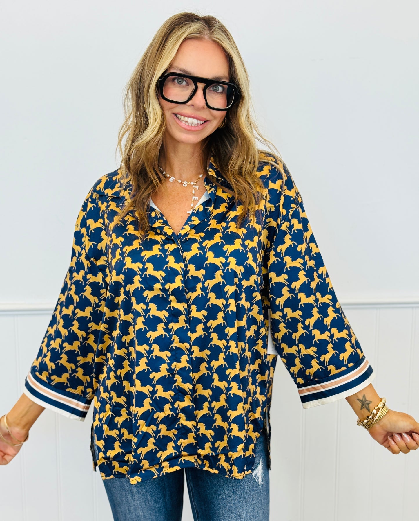 Horse Print Contrast Stripe Shirt (Reg.) - 3 Colors