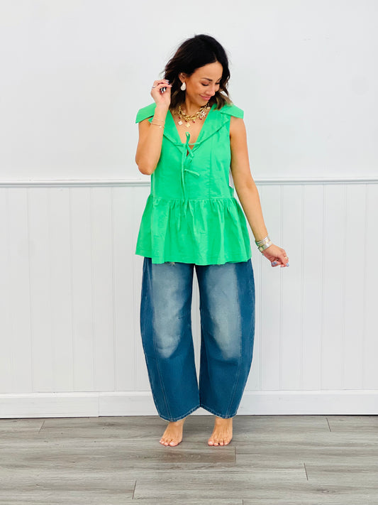 Kelly Green Sleeveless Bow Tie Blouse (Reg. and Plus)