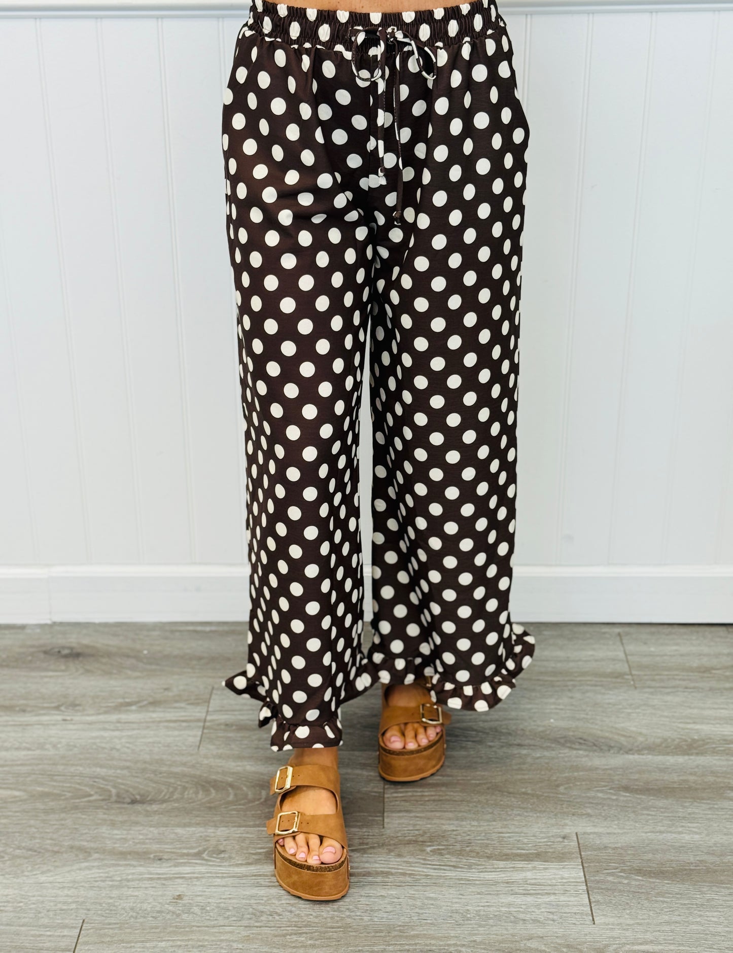 Brown/Cream Polka Dot Ruffle Hem Pants (Reg. and Plus)