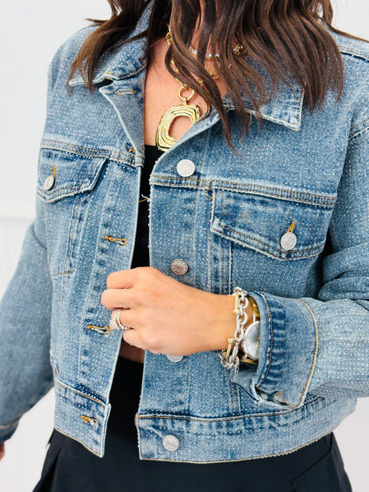 Medium Wash Clear Crystal Denim Jacket (Reg.)