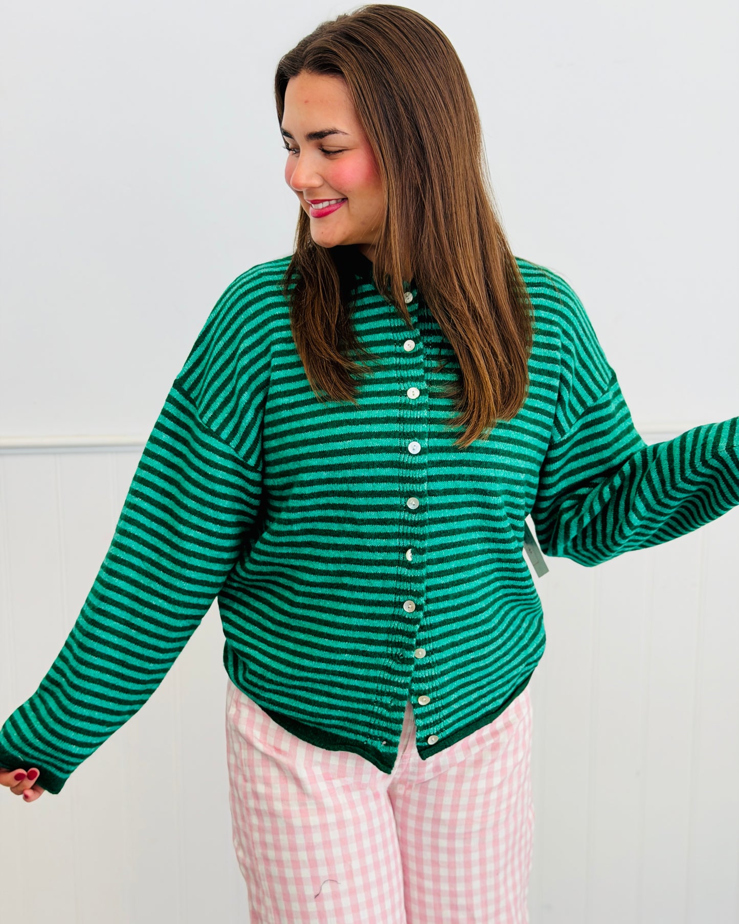 Green Striped Button Up Sweater Cardigan (Reg.)