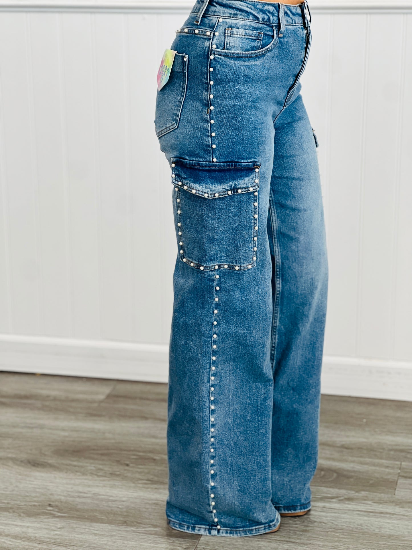 Medium Denim Pearl Studded Wide Leg Cargo Jeans (Reg.)