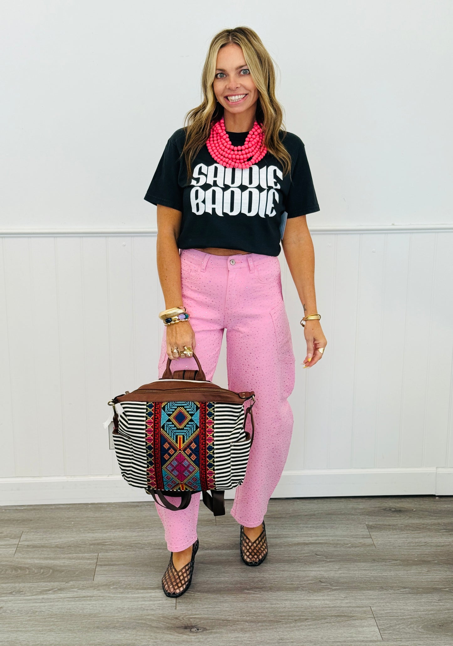 Pink Rhinestone Embellished Barrel Leg Jeans (Reg.)