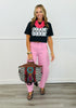 Pink Rhinestone Embellished Barrel Leg Jeans (Reg.)