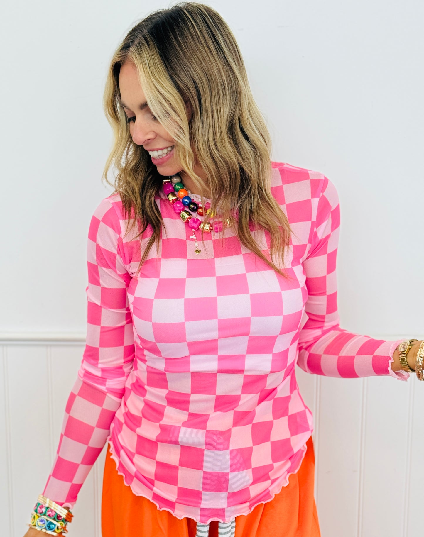 Bubblegum Checkered Keigan Mesh Top (Reg. and Plus)