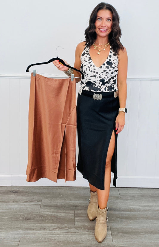 Satin High Slit Midi Skirt (Reg)