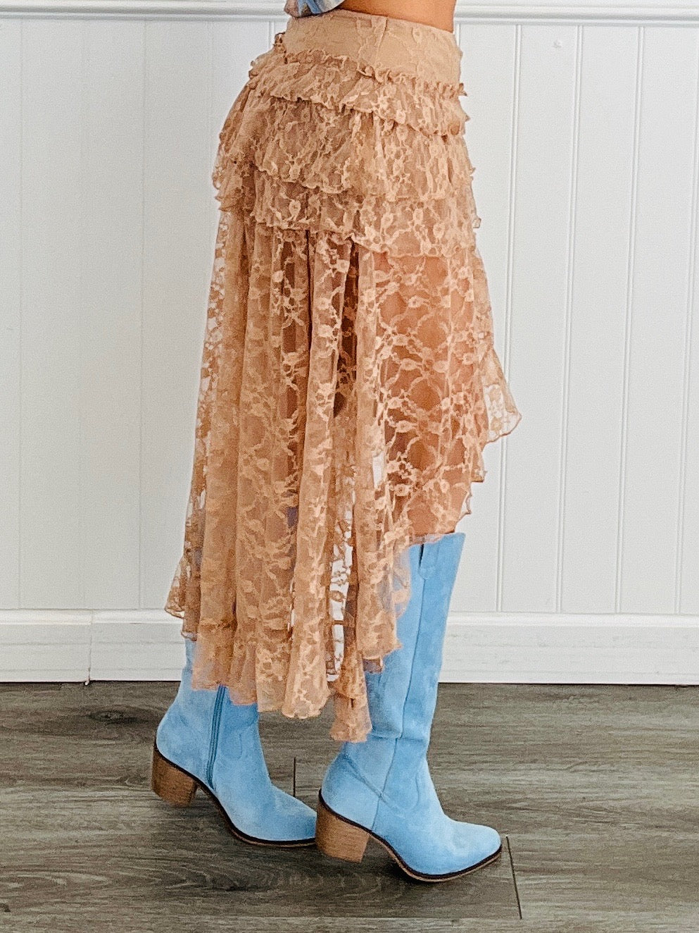 Taupe Sheer Lace Hi-Lo Maxi Skirt (Reg & Plus)