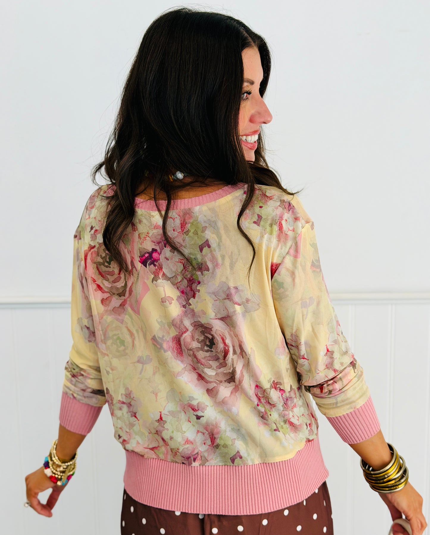 Yellow/Mauve Mesh Floral Cardigan (Reg. and Plus)