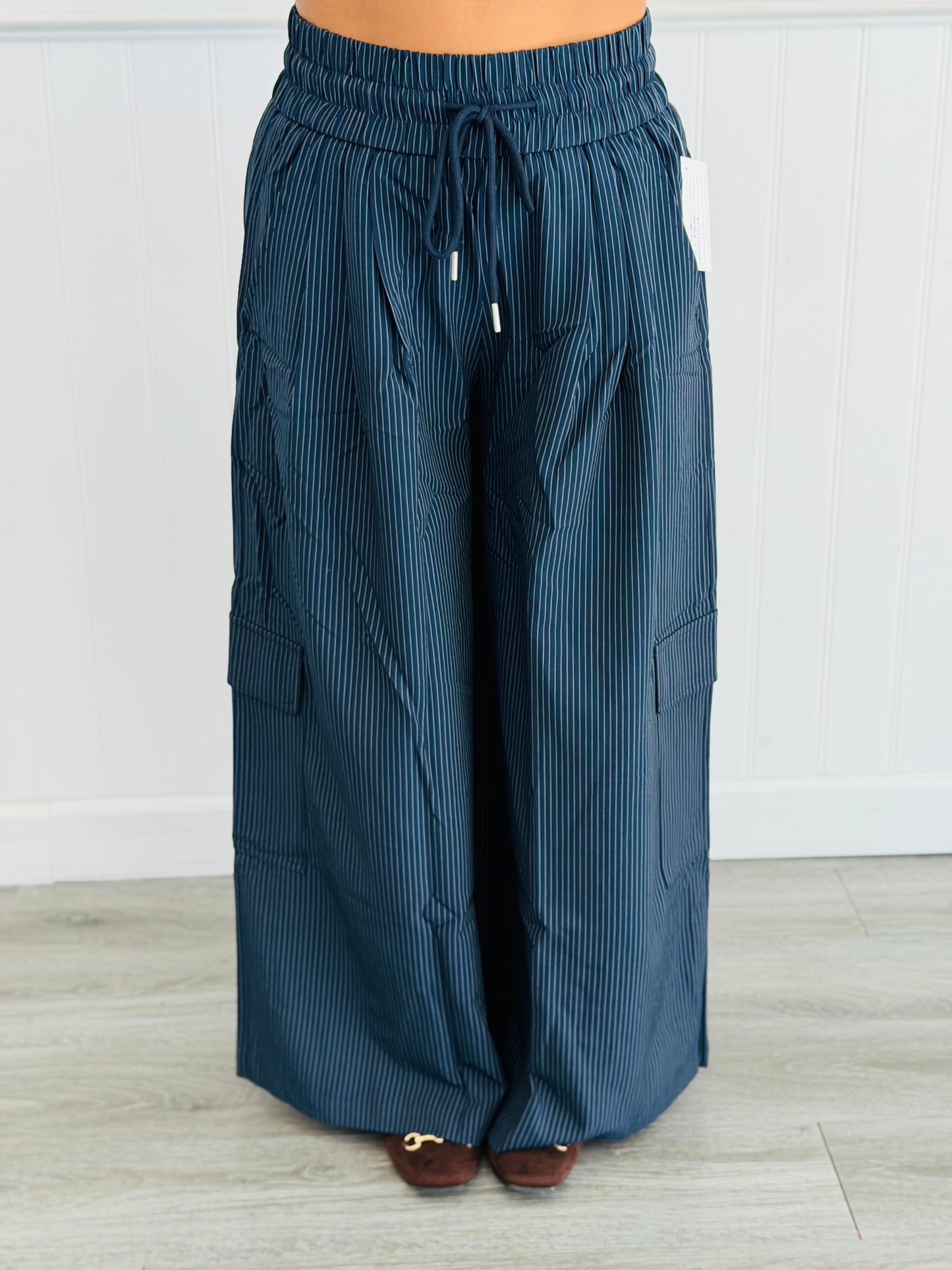 Navy Pinstripe Wide Leg Cargo Pants (Reg & Plus)